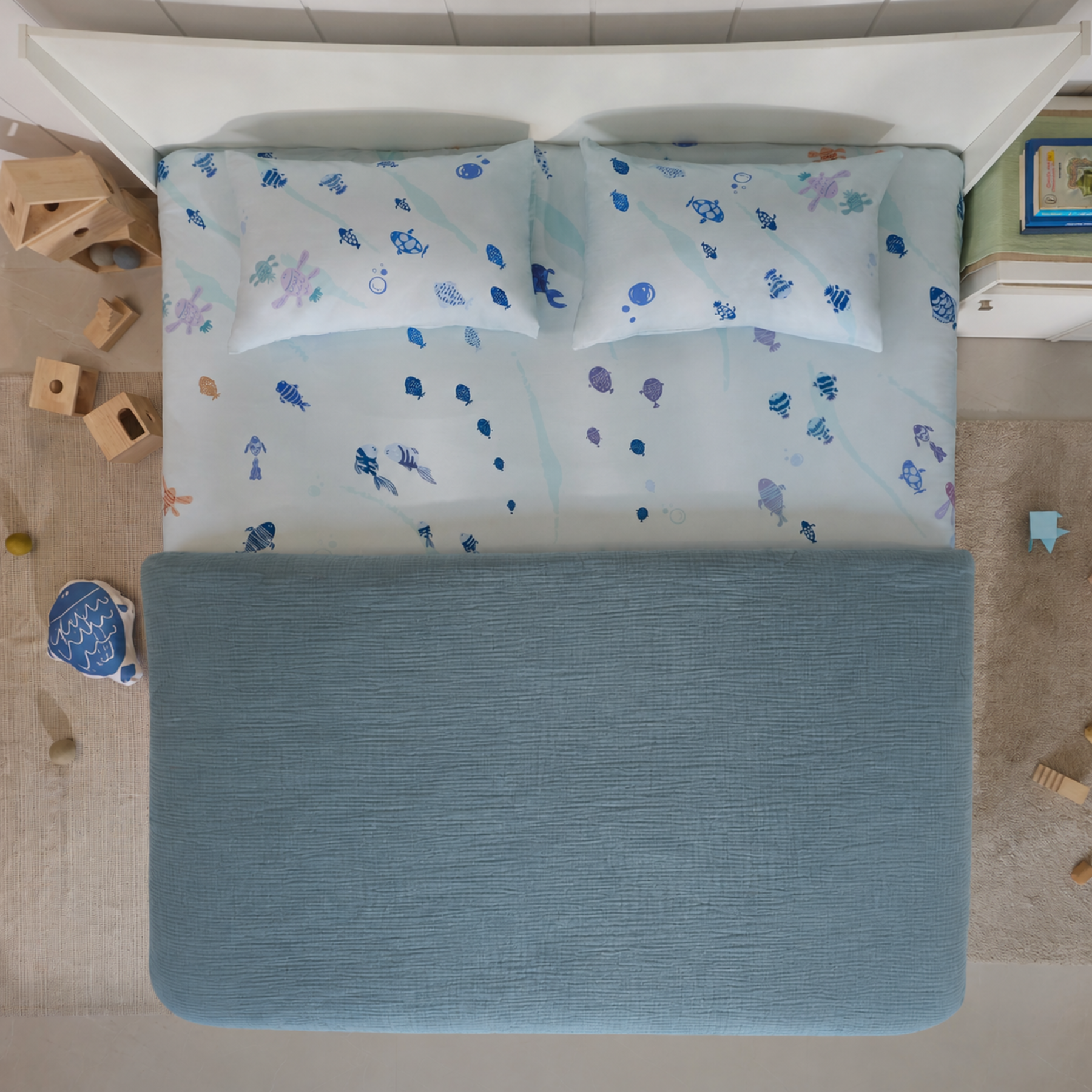 Blue Hour - Ripple Tales Cotton Bedsheet & Ocean Blue Cotton Gauze Blanket
