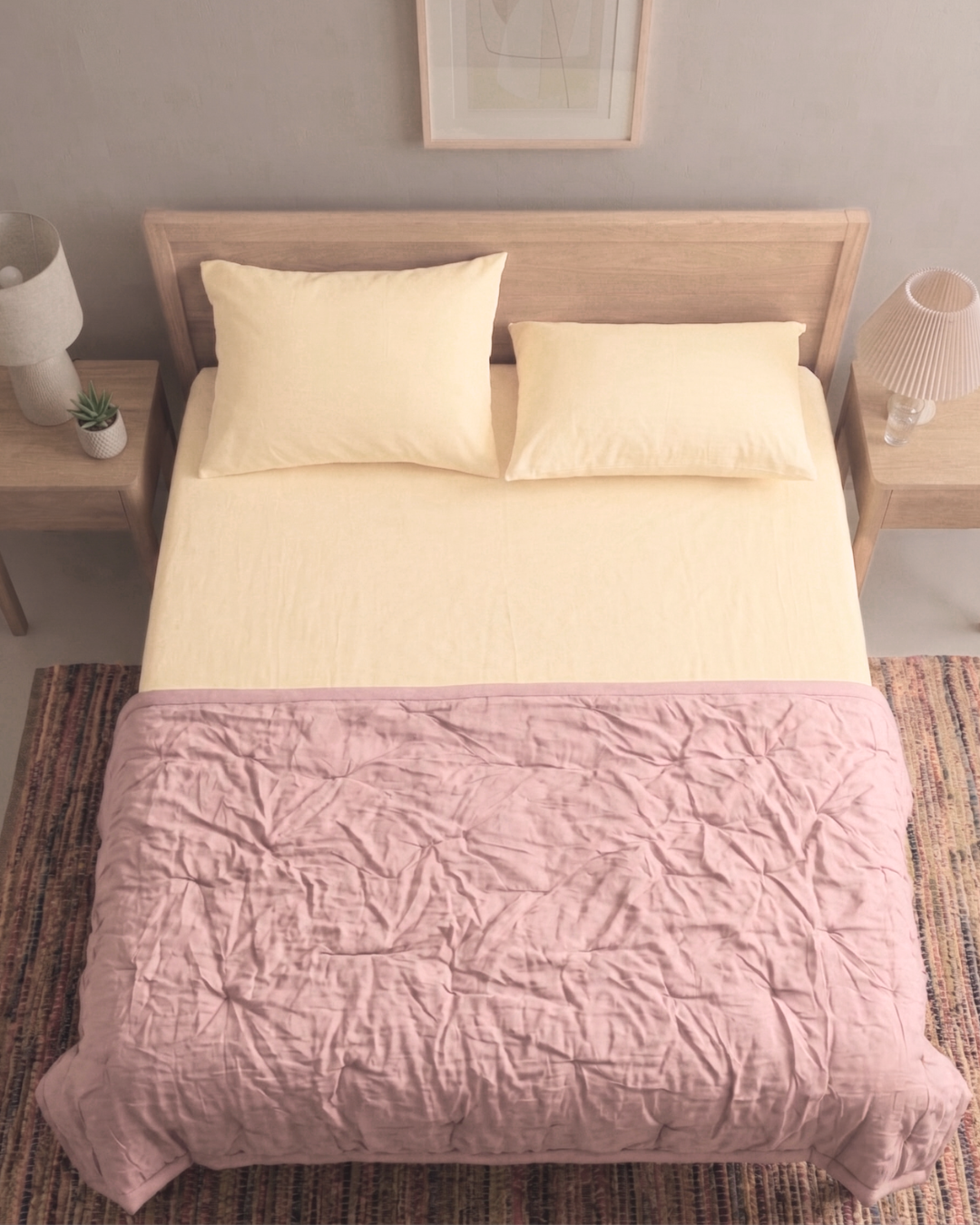 First Light - Butter Yellow Percale Bedsheet & Terra Pink Percale Quilt