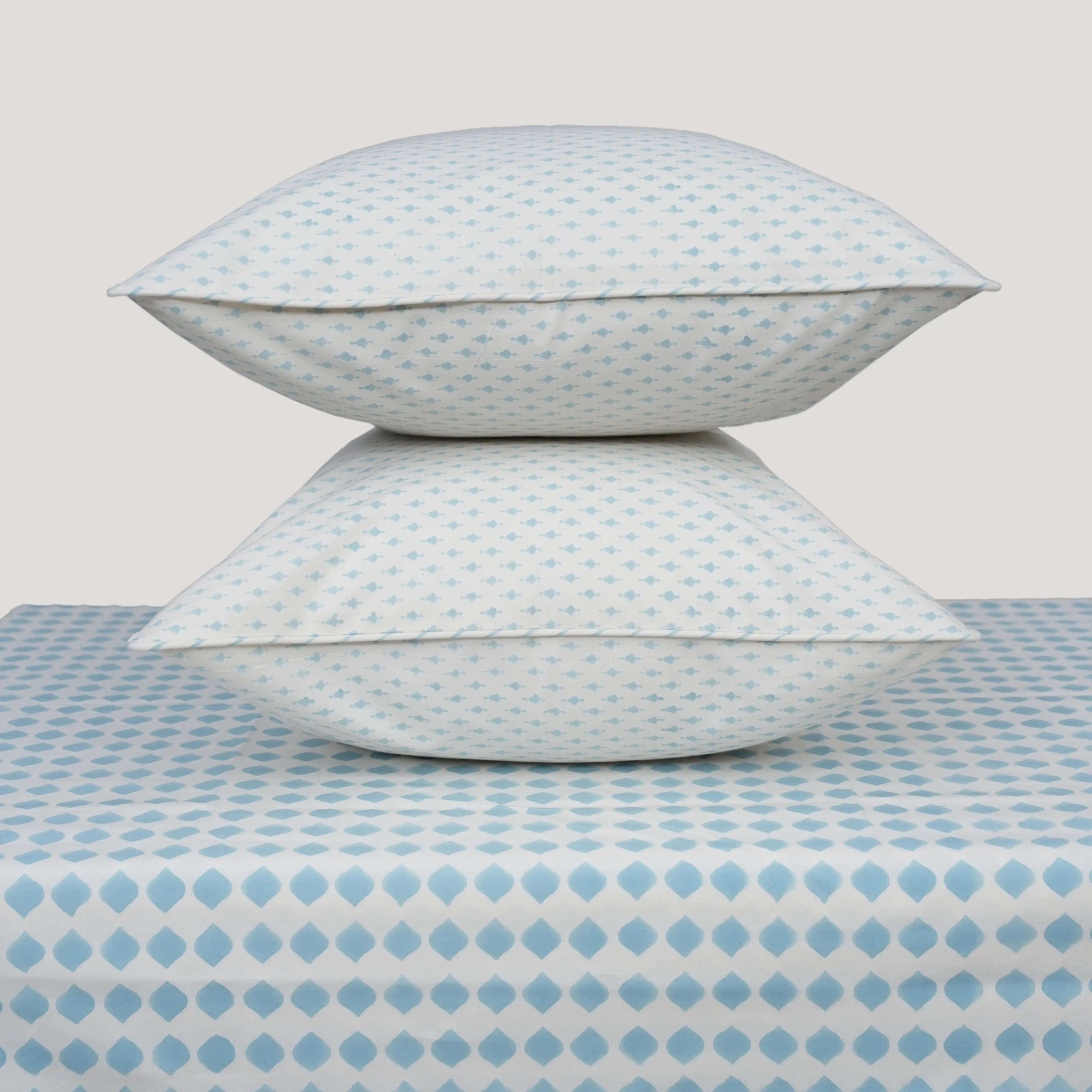 Azure Blue Block Printed Percale Bedsheet Set