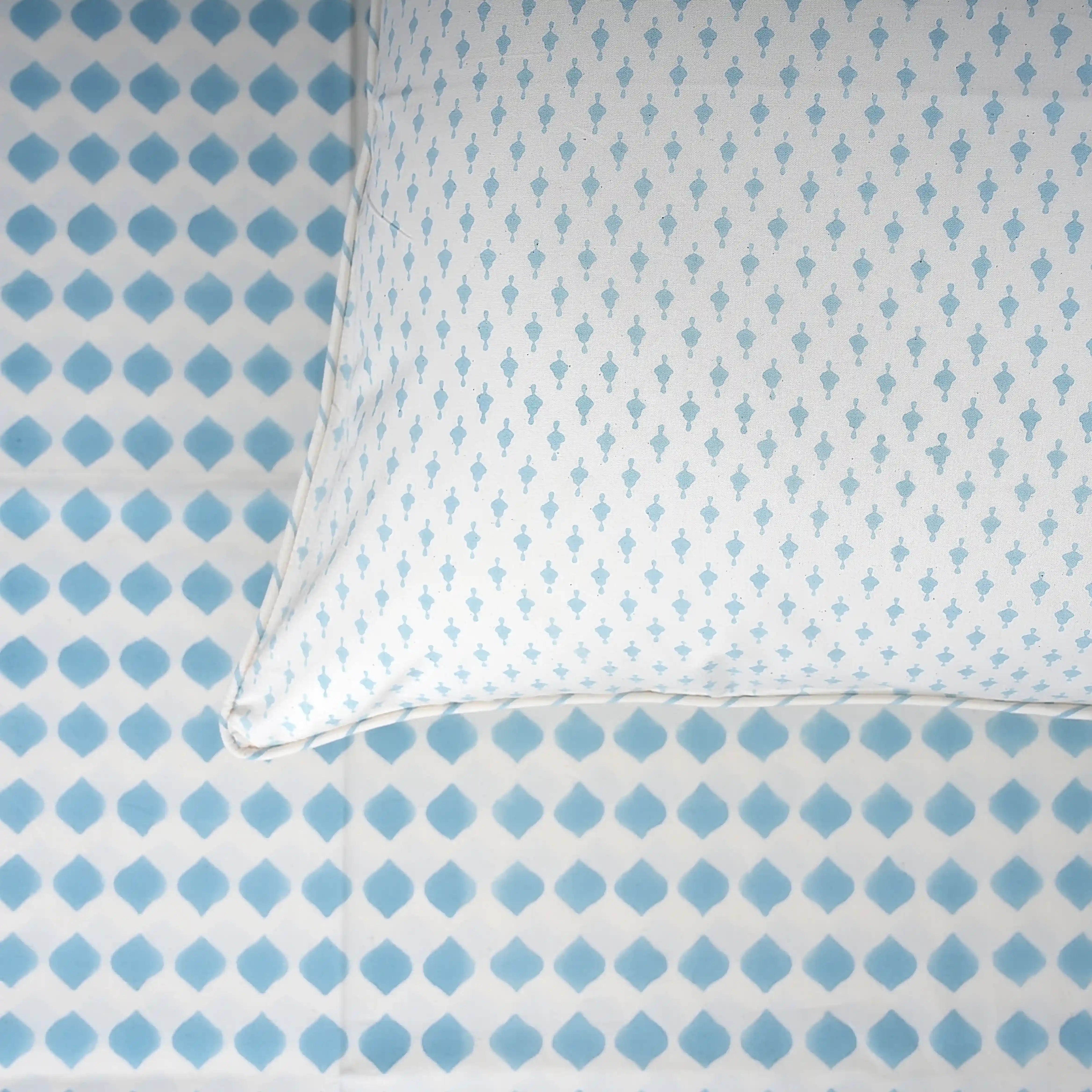 Azure Blue Block Printed Percale Bedsheet Set