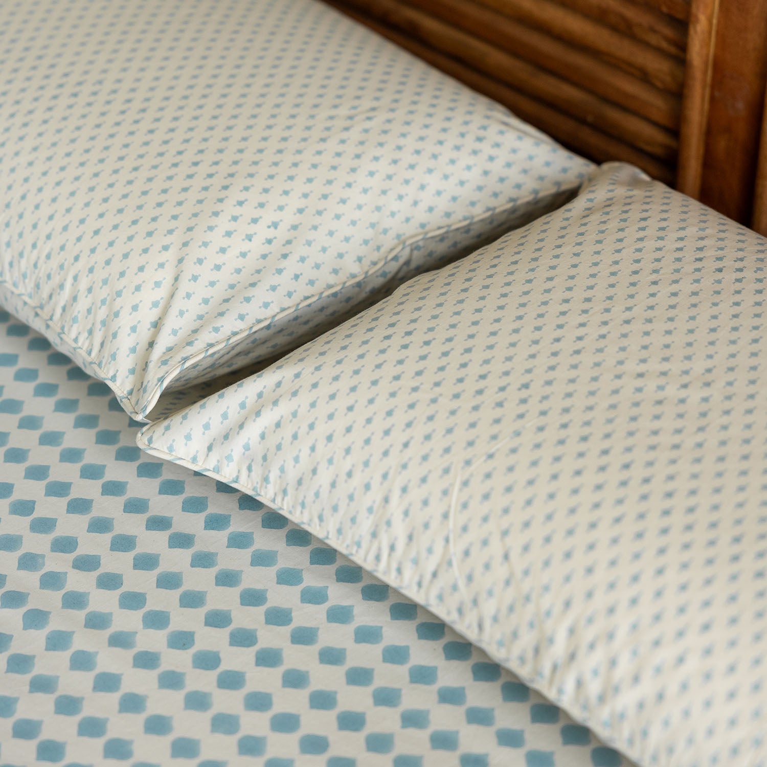 Azure Blue Block Printed Percale Bedsheet Set