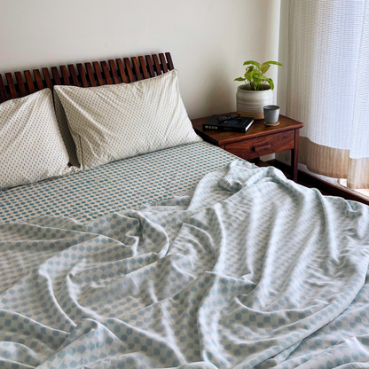 Azure Blue Block Printed Percale Dohar