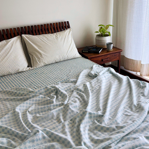 Azure Blue Block Printed Percale Dohar