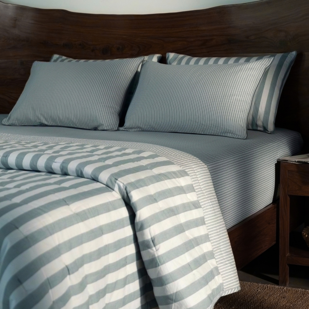 Pine Green Yarn Dyed Reversible Stripe Quilt