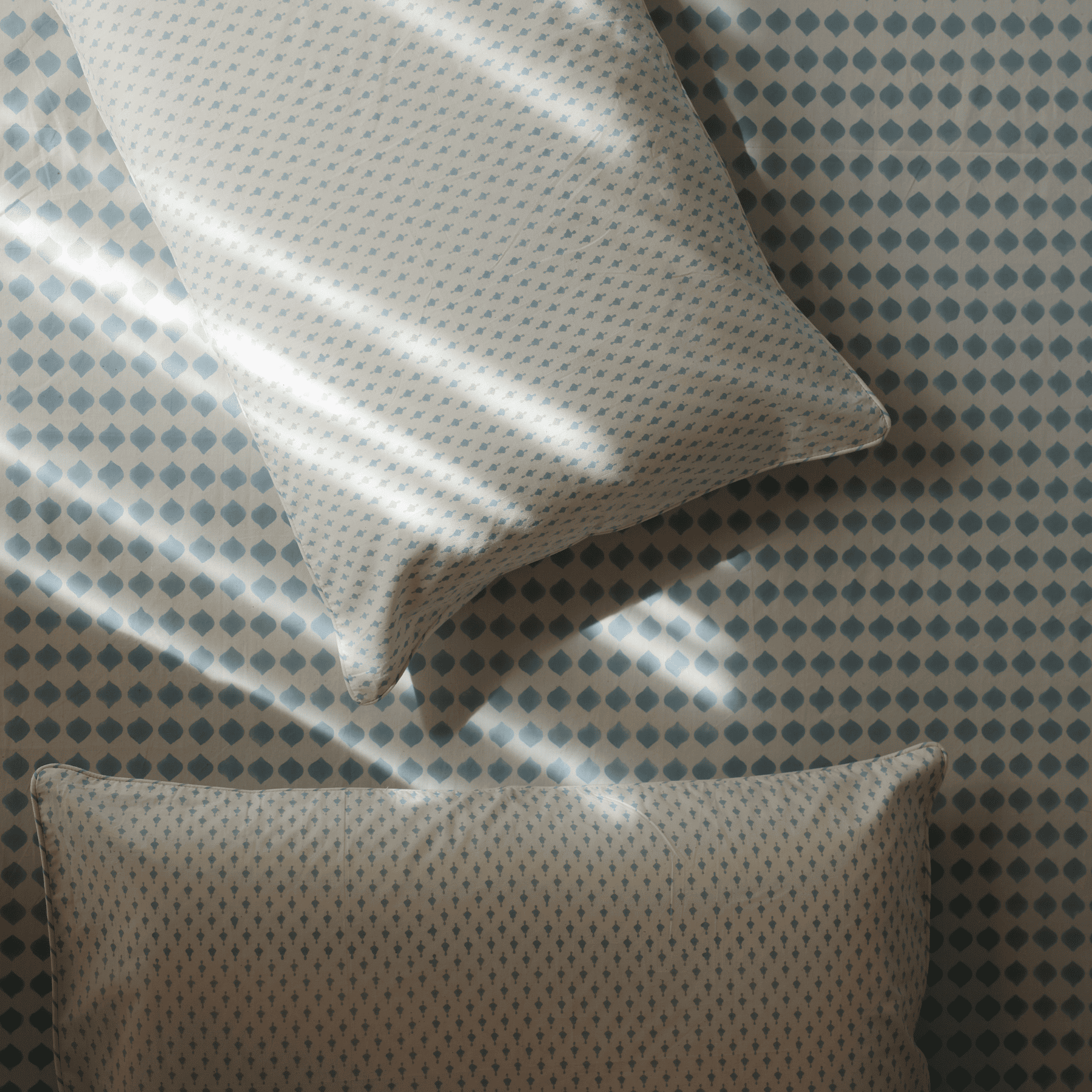 Azure Blue Block Printed Percale Bedsheet Set