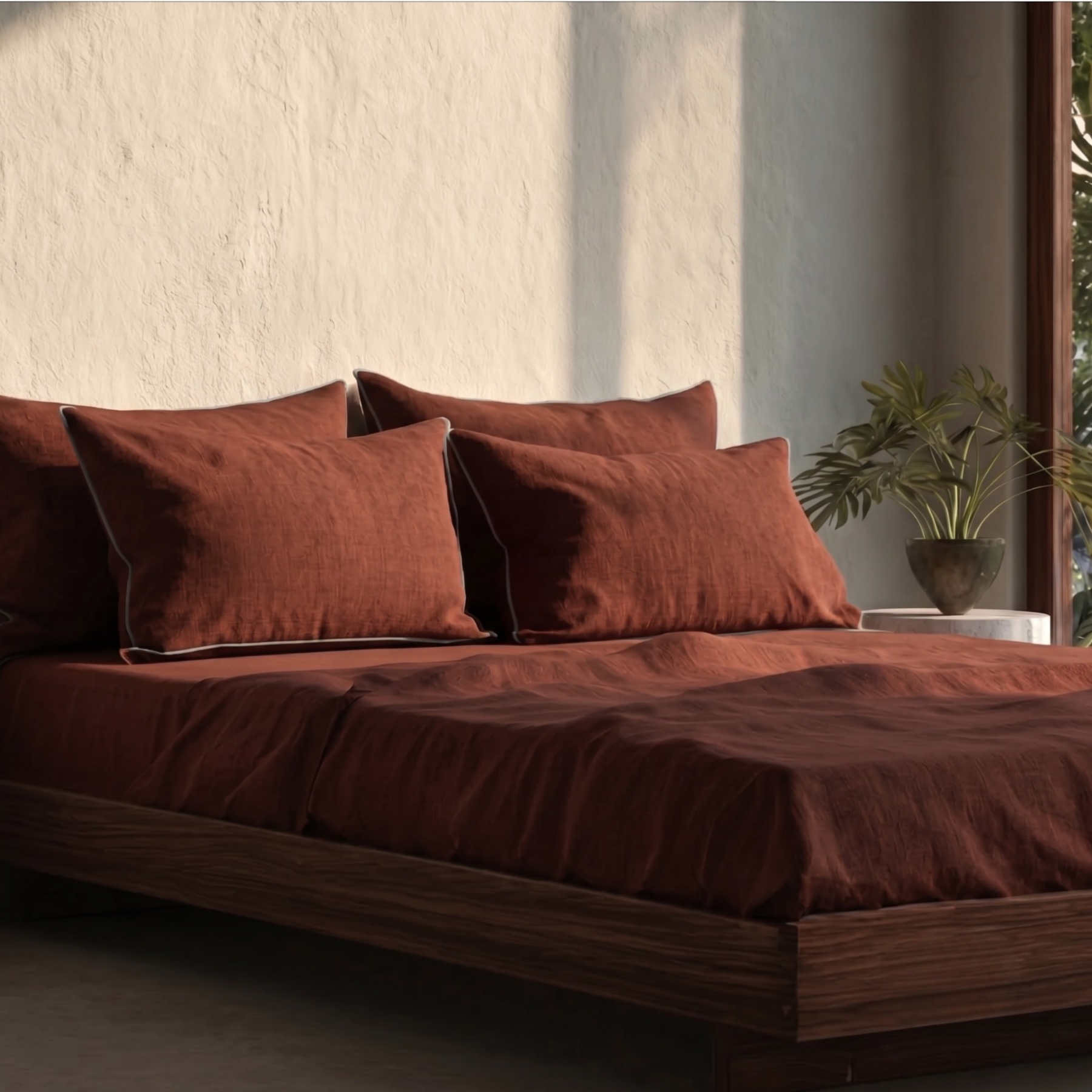 Plum Red Linen Bedsheet Set