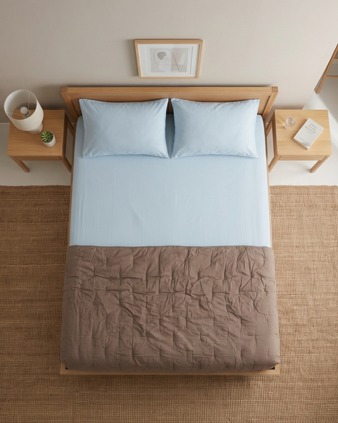 Quiet Weather - Blue Summer Percale Bedsheet & Riverbed Brown Percale Quilt