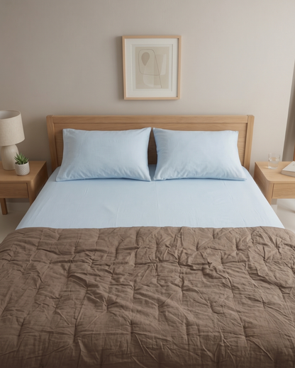 Quiet Weather - Blue Summer Percale Bedsheet & Riverbed Brown Percale Quilt