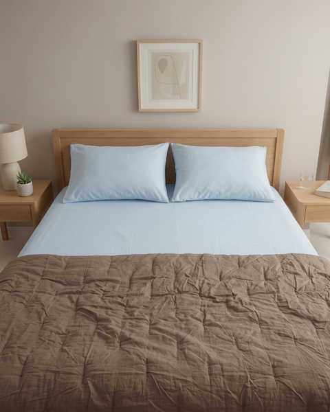 Quiet Weather - Blue Summer Percale Bedsheet & Riverbed Brown Percale Quilt