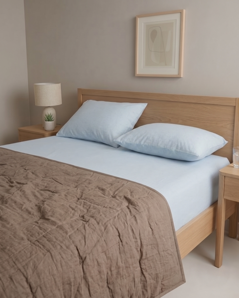 Quiet Weather - Blue Summer Percale Bedsheet & Riverbed Brown Percale Quilt