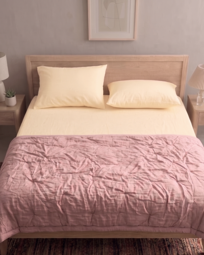 First Light - Butter Yellow Percale Bedsheet & Terra Pink Percale Quilt