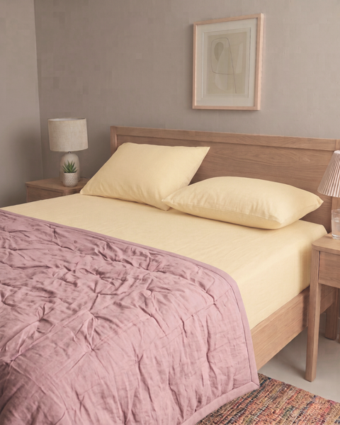 First Light - Butter Yellow Percale Bedsheet & Terra Pink Percale Quilt
