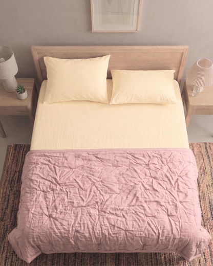 First Light - Butter Yellow Percale Bedsheet & Terra Pink Percale Quilt