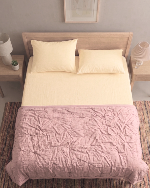 First Light - Butter Yellow Percale Bedsheet & Terra Pink Percale Quilt