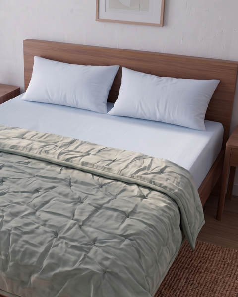 After Rain - Blue Summer Percale Bedsheet & Rain Green Percale Quilt