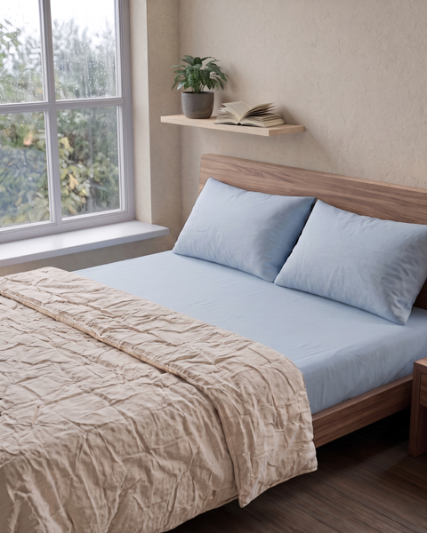 Open Windows- Blue Summer Percale Bedsheet & Loom Beige Percale Quilt