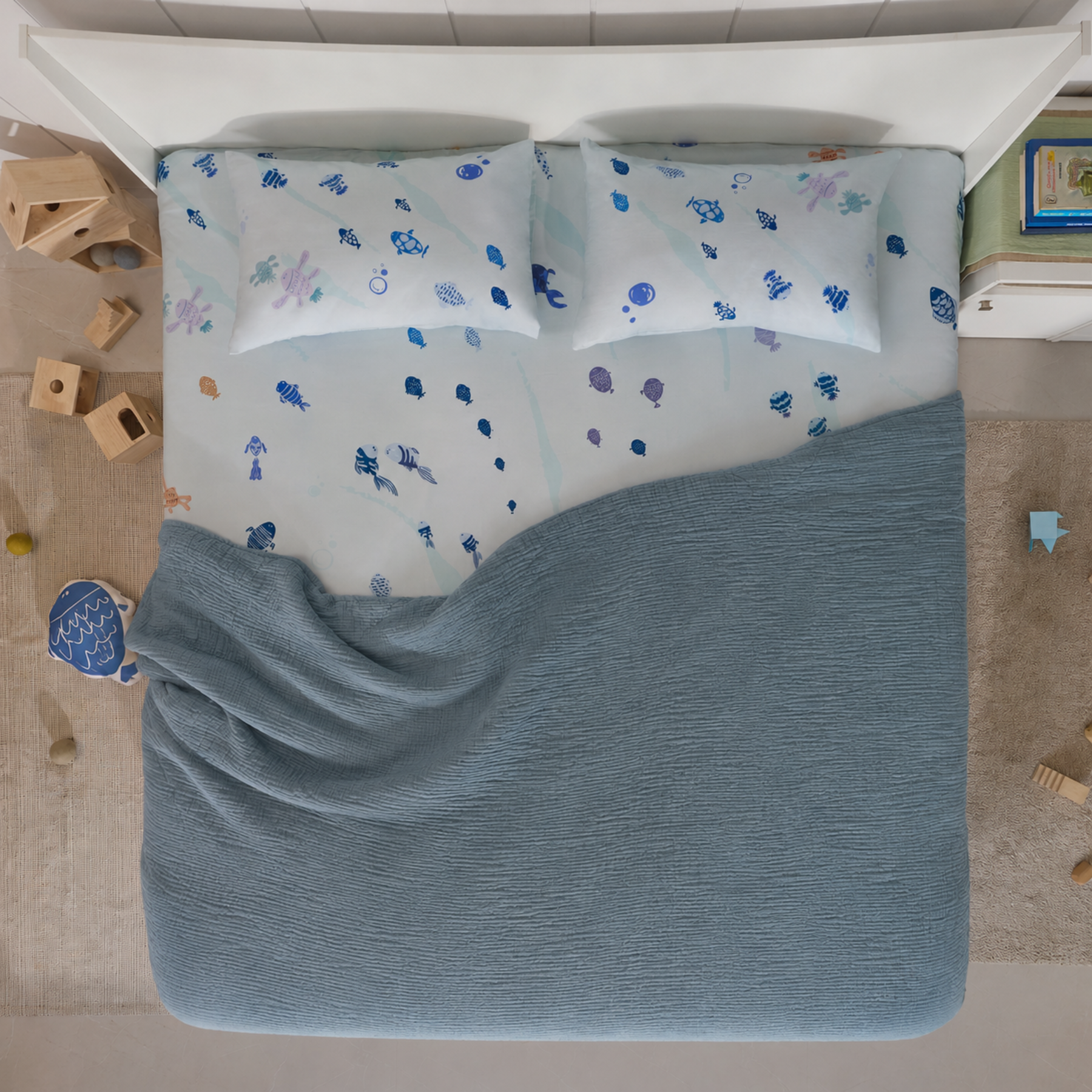 Blue Hour - Ripple Tales Cotton Bedsheet & Ocean Blue Cotton Gauze Blanket