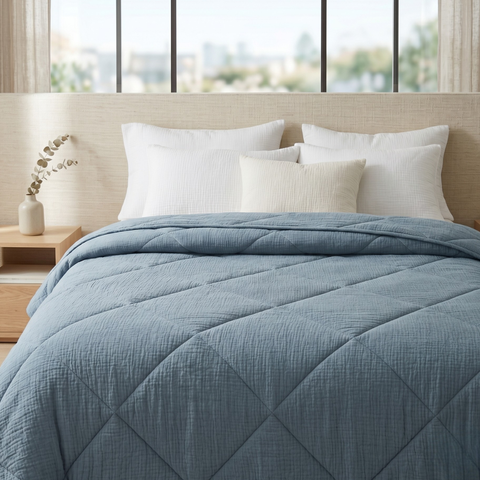 Ocean Blue Cotton Gauze Light Summer Quilt