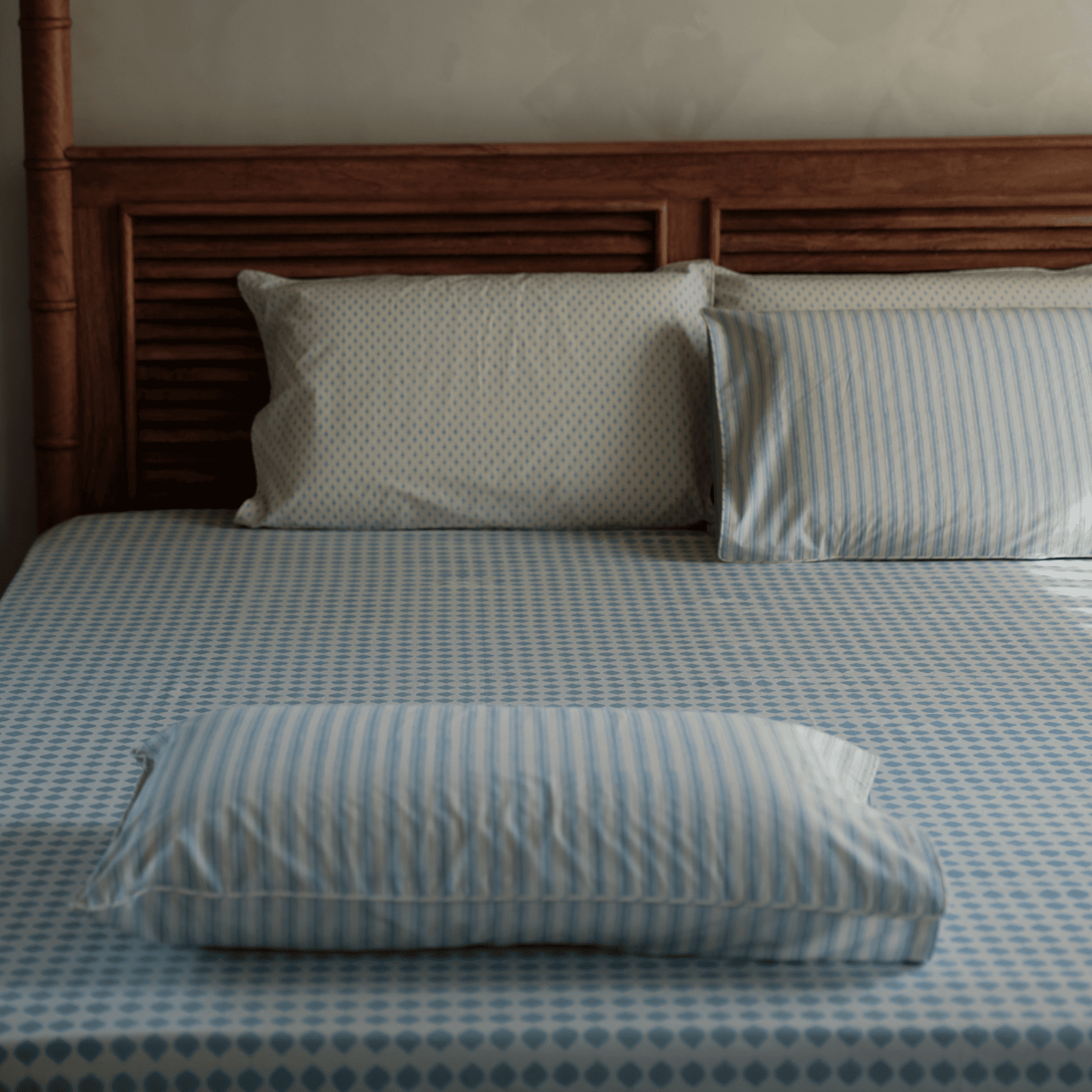 Azure Blue Block Printed Percale Bedsheet Set