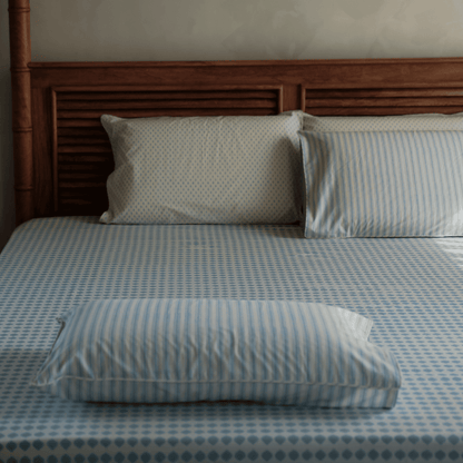 Azure Blue Block Printed Percale Bedsheet Set