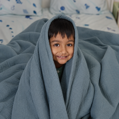 Blue Hour - Ripple Tales Cotton Bedsheet & Ocean Blue Cotton Gauze Blanket