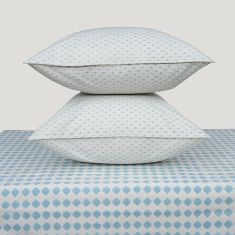 Azure Blue Block Printed Percale Bedsheet Set