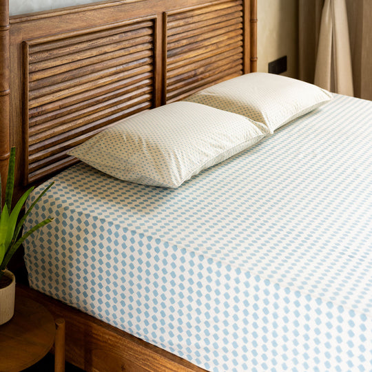 Azure Blue Block Printed Percale Bedsheet Set